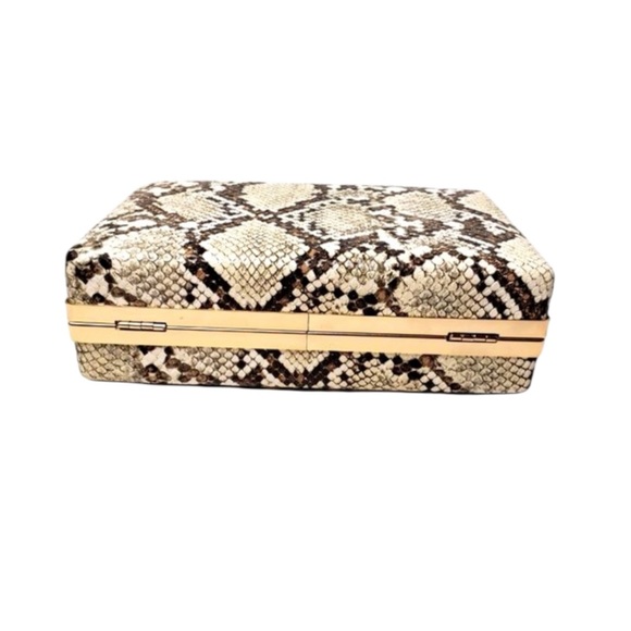 Snakeskin Print Pattern Gold Chain Mini Hardbody Cream Brown Clutch Purse Bag - Picture 5 of 6